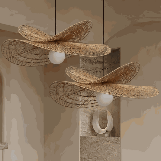 Wabi-Sabi style hand-woven rattan pendant light with organic, natural texture and soft diffused lighting in room setting