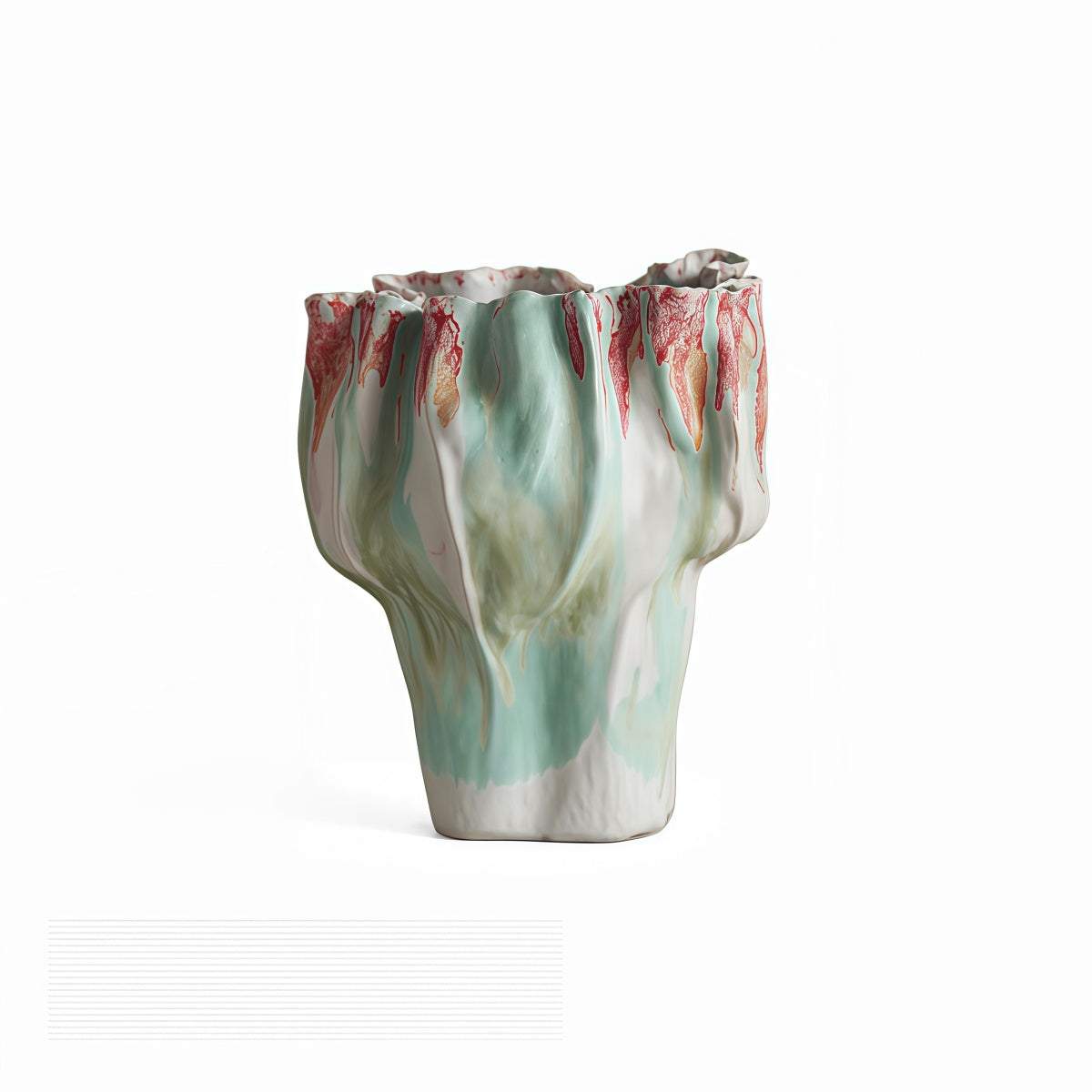 Handmade Pink Retro-Style Vase, irregular ceramic form with flowing green, white and pink glaze and ruffled rim