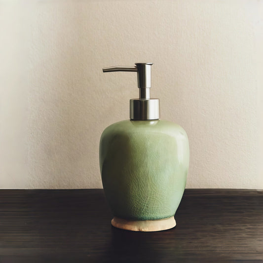Vintage Green Crackle-Glaze Ceramic Set lotion dispenser in pale green ceramic with metallic pump and rim