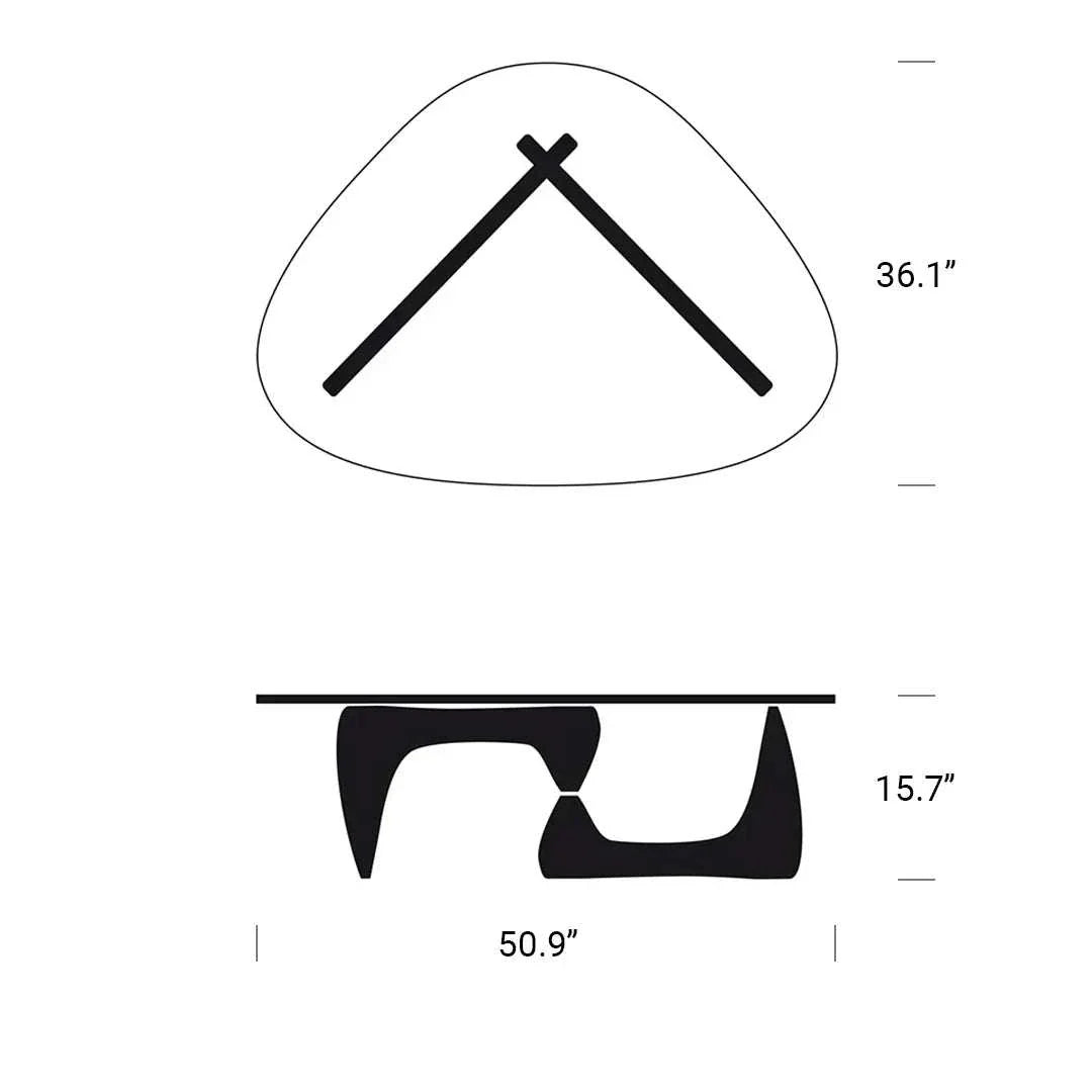 Noguchi Table Replica with sculptural wooden base and freeform glass top, modern design dimensions diagram
