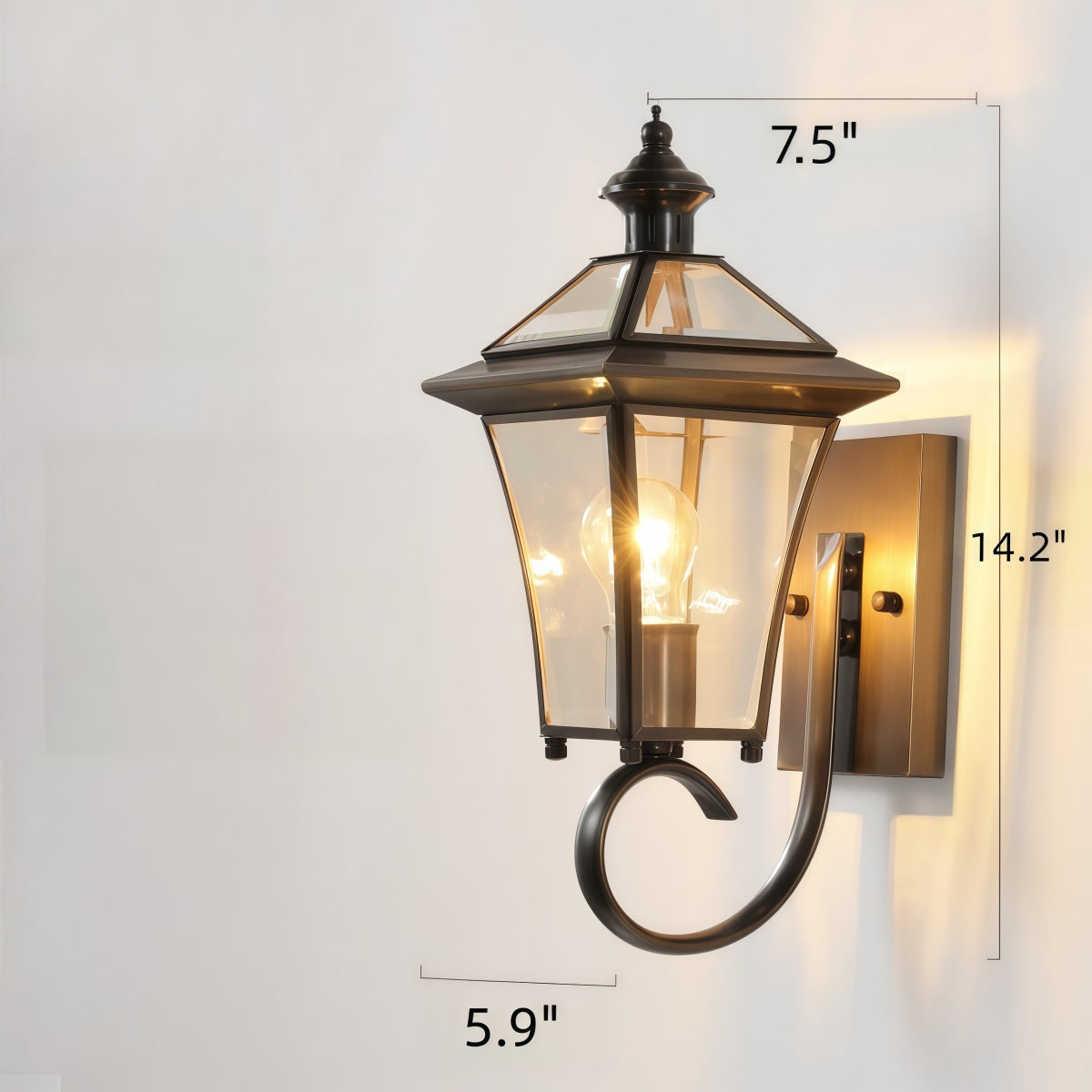 All-Copper Wall Light with antique copper finish, clear glass panes, lantern styling, and curved wall-mount arm
