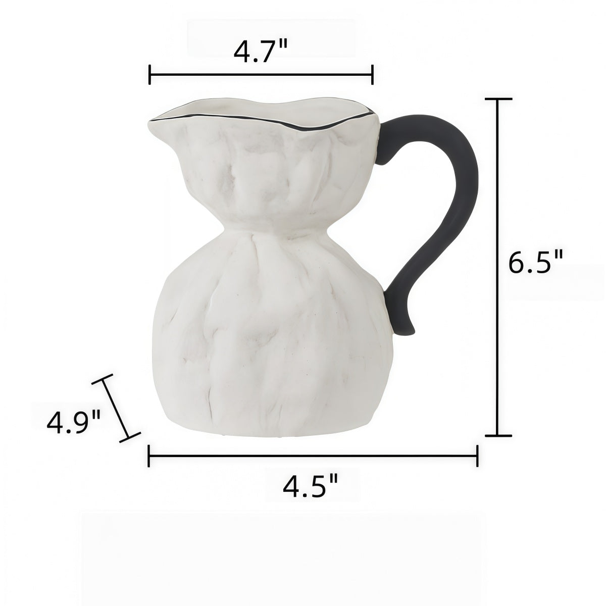Irregular Ceramic Vase in white ceramic, with an irregular geometric pitcher shape and black curved handle
