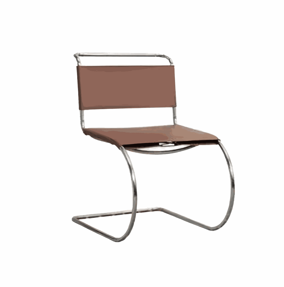 Minimalist stainless steel dining chair with brown leather seat and backrest, modern armless design, durable and sleek for home or office use