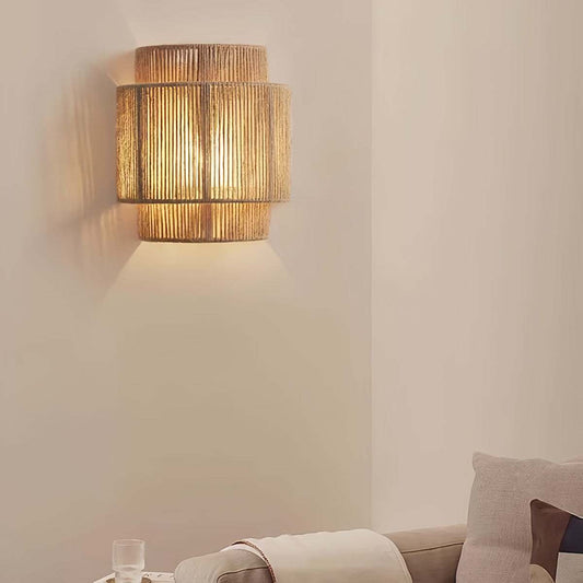 Vintage Wabi-Sabi wall lamp with rustic natural jute rope lampshade and warm LED light for cozy bedroom decor