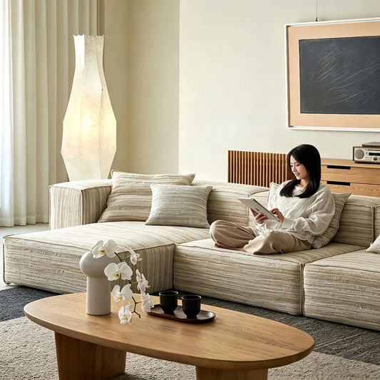Chenille fabric modular straight sofa with double-sided washable covers in minimalist living room setting