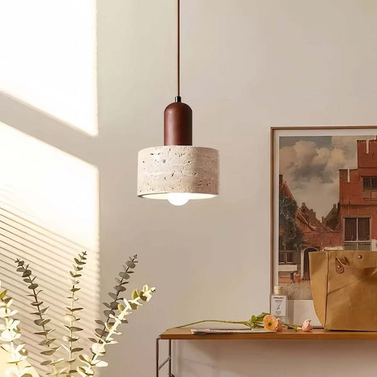 Adjustable mini pendant light with mid-century cream fish-line design, wooden body, stone accents, and high CRI LED for cozy bedroom and restaurant ambiance