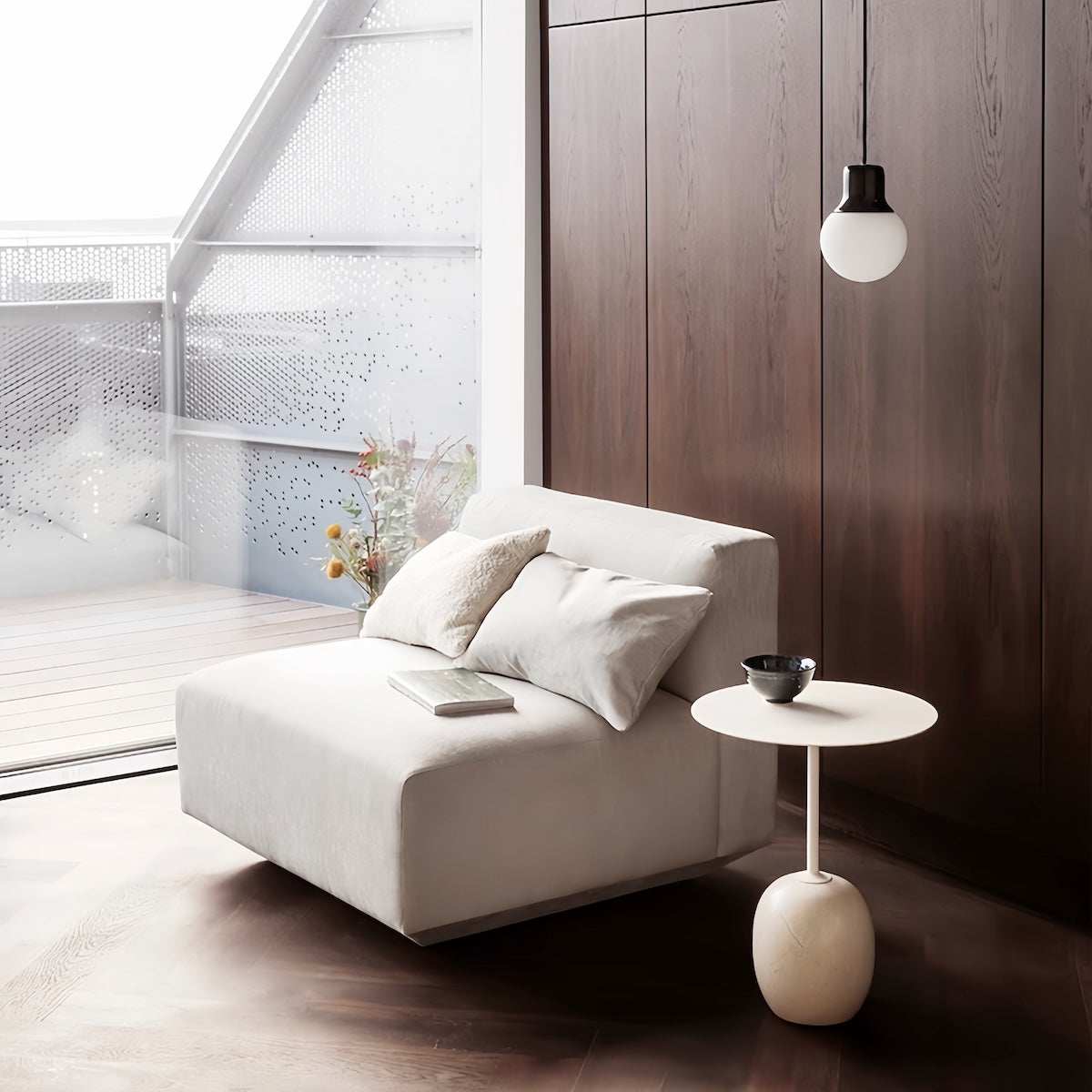 Minimalist round marble coffee table with walnut base for living and bedroom spaces
