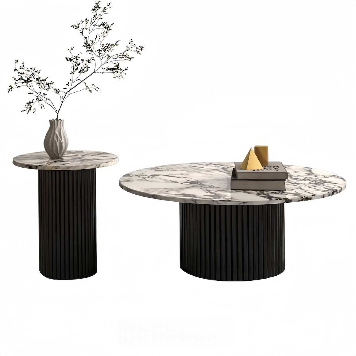 Round marble coffee table with grooved cylindrical base and elegant Italian luxury design