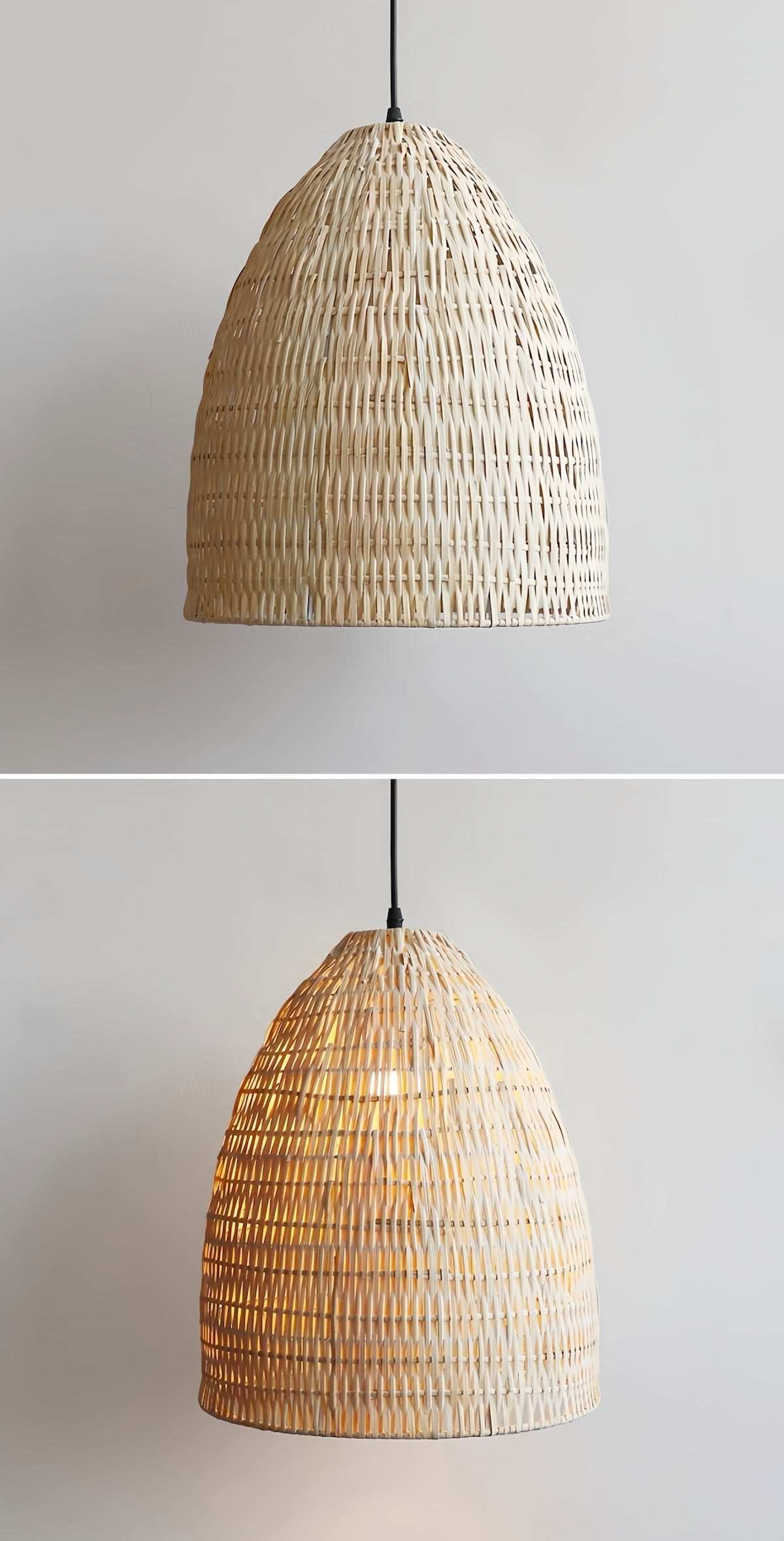 Cream natural rattan pendant light with warm glow and bohemian woven design