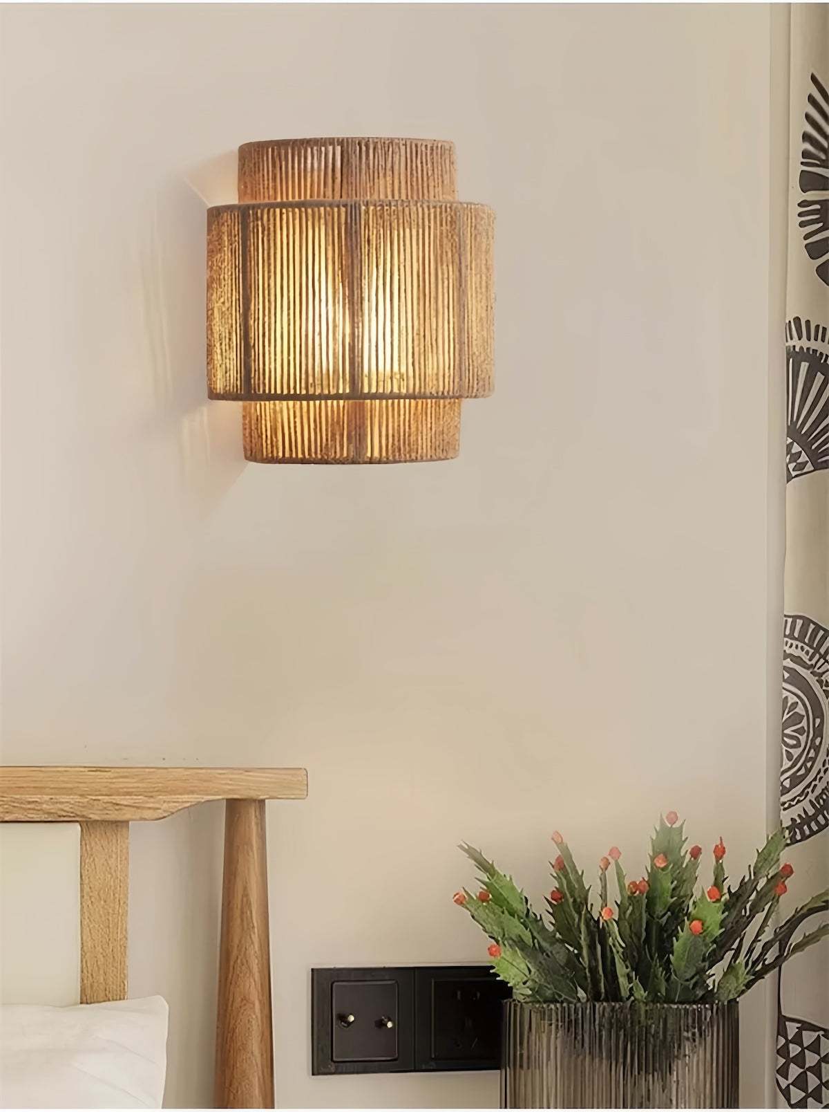 Vintage Wabi-Sabi wall lamp with rustic natural jute rope lampshade and warm LED light for bedrooms and bohemian interiors