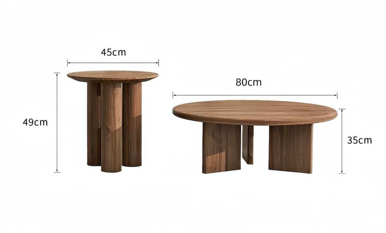 Wabi Sabi solid wood coffee table and matching side table with round tops and natural wooden legs, dimensions 80cm by 35cm and 45cm by 49cm.