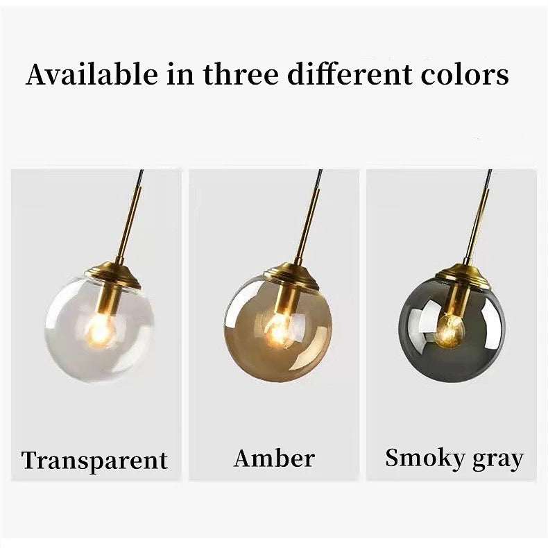 Modern Hanging Lamp with glass ball lampshade in transparent, amber, and smoky gray colors, featuring polished steel finish and LED bulb.