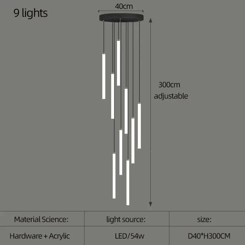 Modern long pendant lights with 9 adjustable LED hanging rods for staircase chandelier, 300cm height, 40cm diameter, metal and acrylic design.
