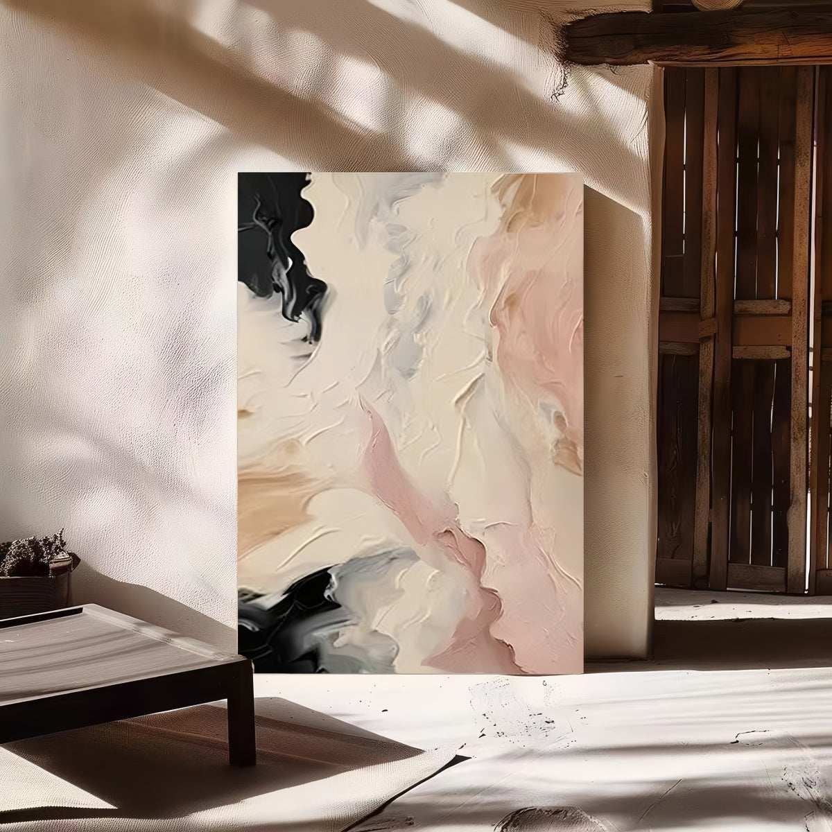 Frameless hand-painted cream abstract oil painting with textured brushstrokes inspired by wabi-sabi philosophy