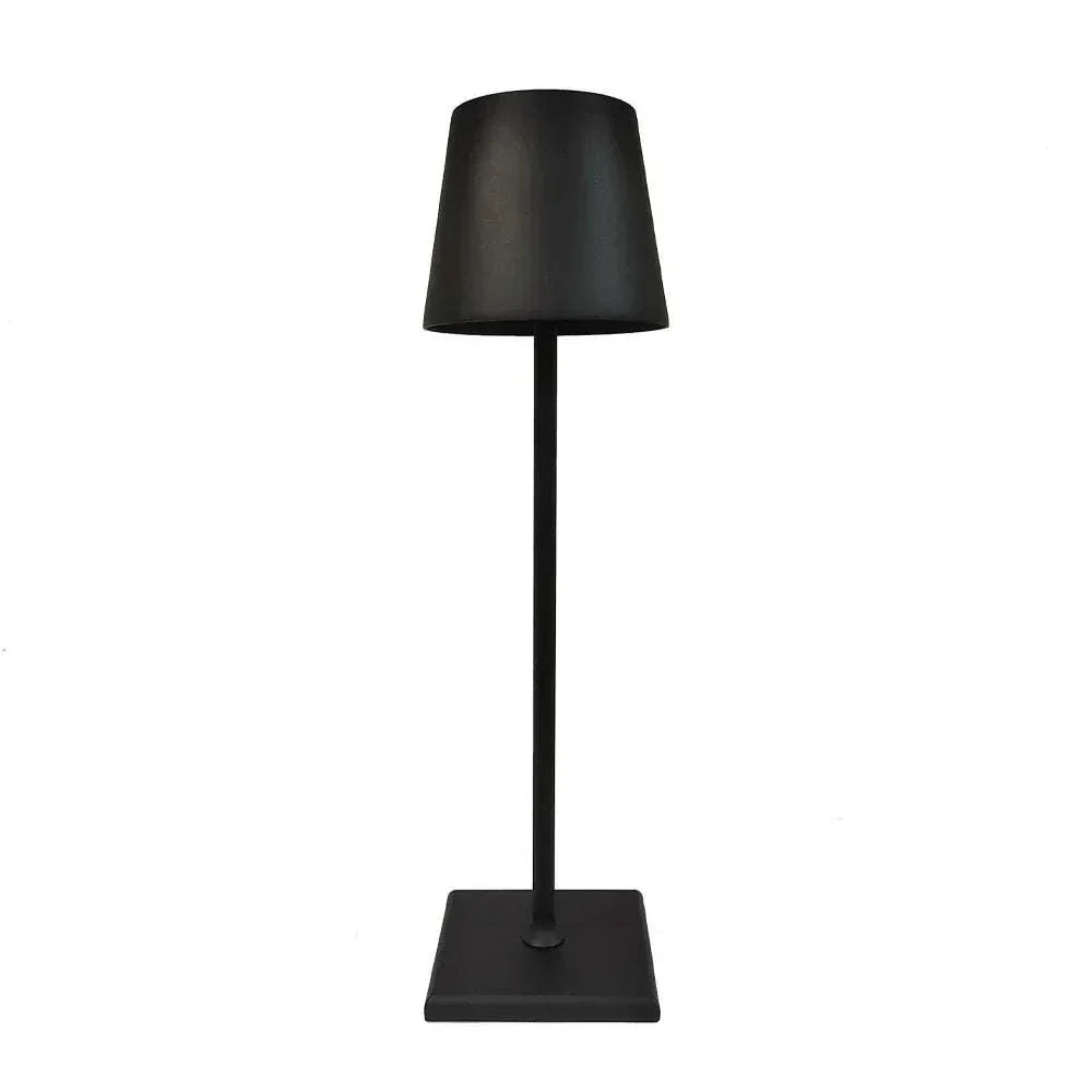 Black rechargeable table lamp with cordless design and touch control for adjustable brightness and color temperature