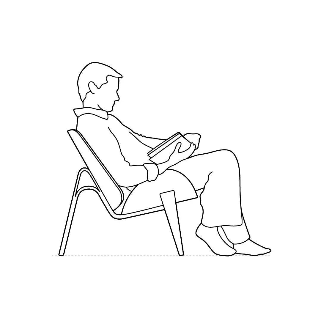Diagram of a person sitting in a Shell Chair with a sleek, ergonomic design.