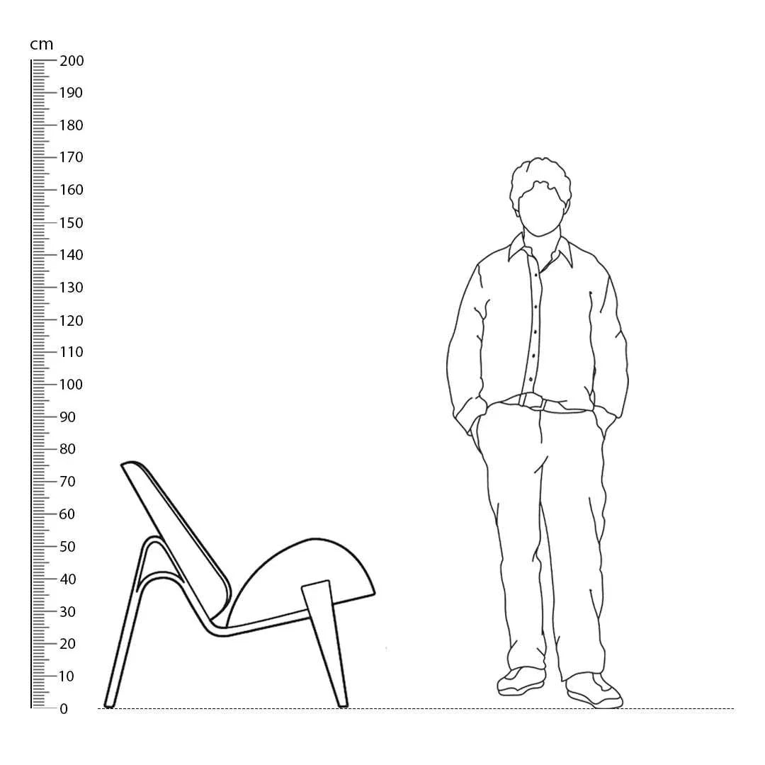Shell Chair dimensions illustration next to a person for height comparison.