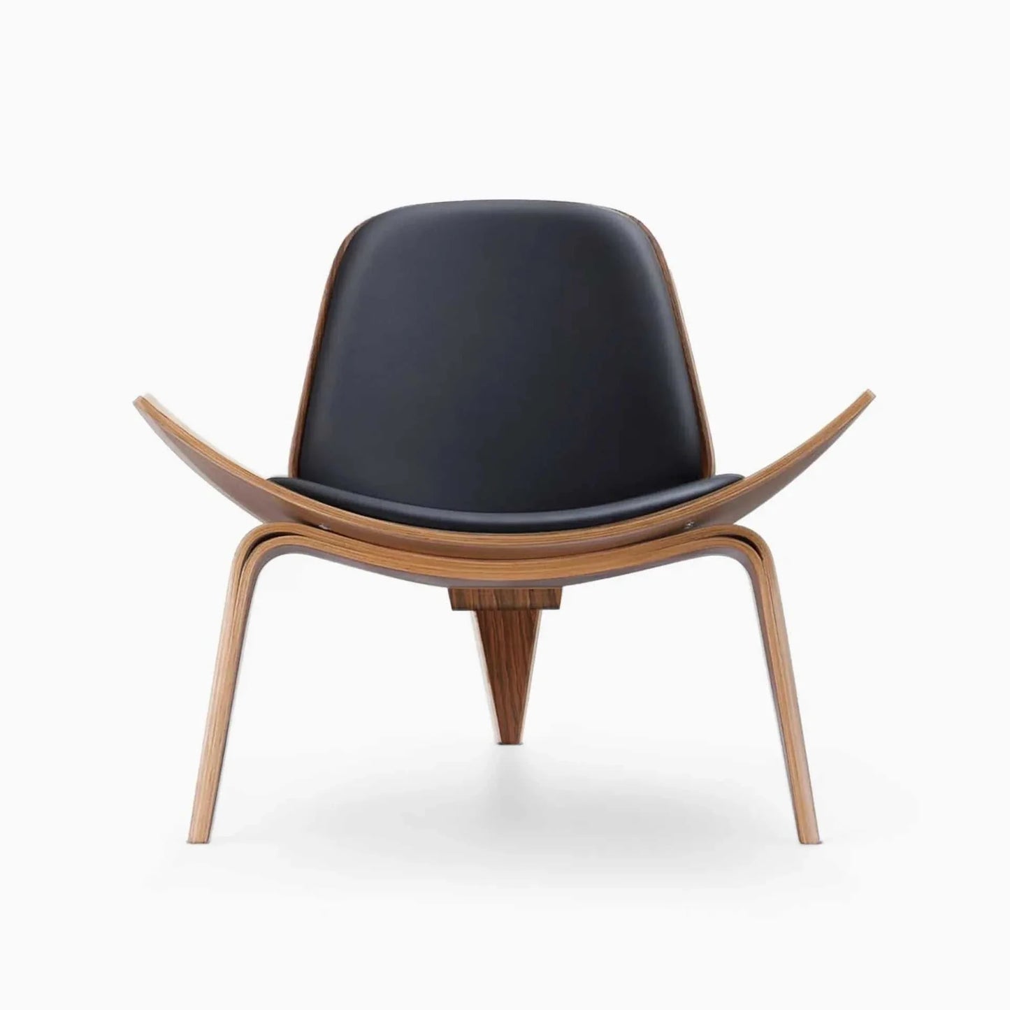 Shell Chair in black leather with walnut finish, featuring a sleek, curved design and three-legged frame for ergonomic comfort.