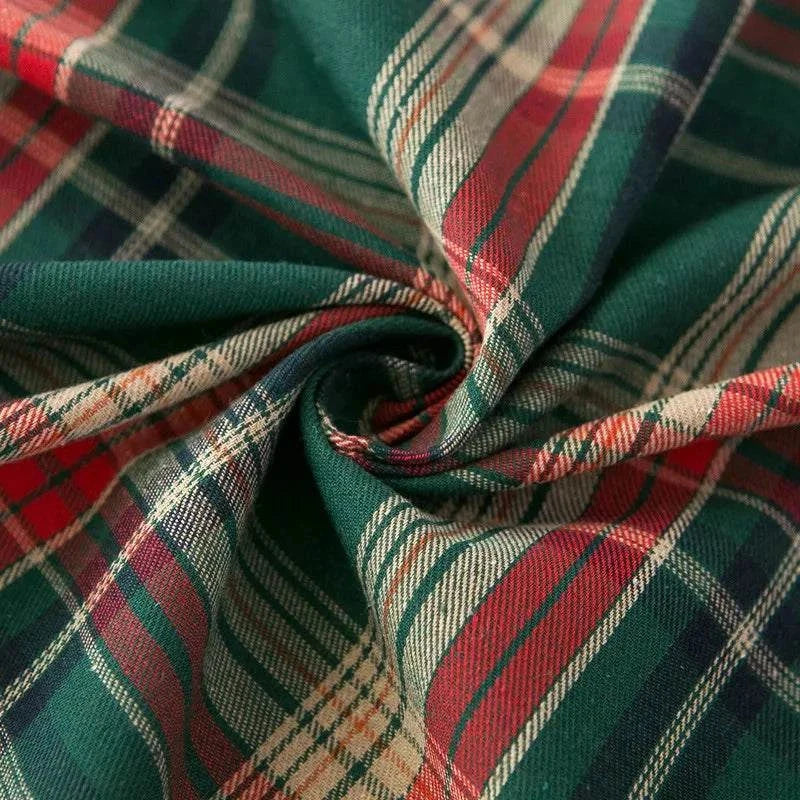 Green Christmas Tablecloth with red, white, and green plaid pattern, woven polyester fabric perfect for holiday decor