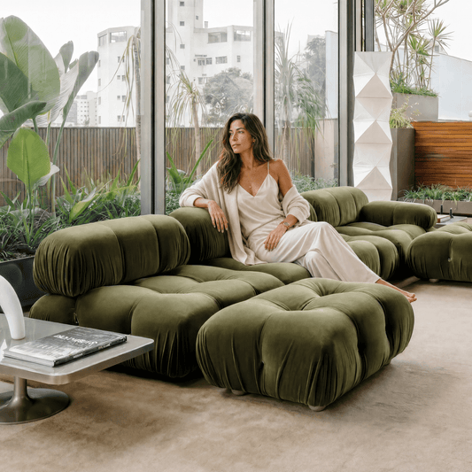Camaleonda Modular Sofa in premium Sunbrella fabric with brass connectors and wooden feet in modular design