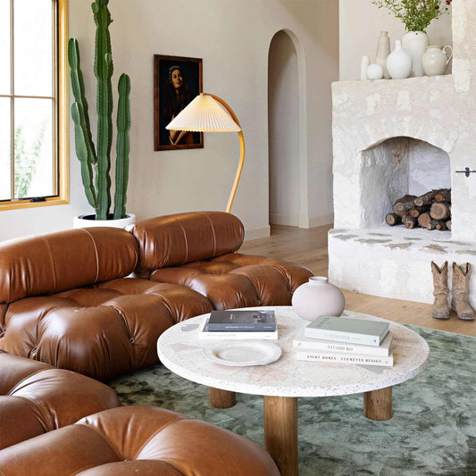 Camaleonda Modular Leather Sofa in premium aniline leather with reconfigurable design and wooden feet