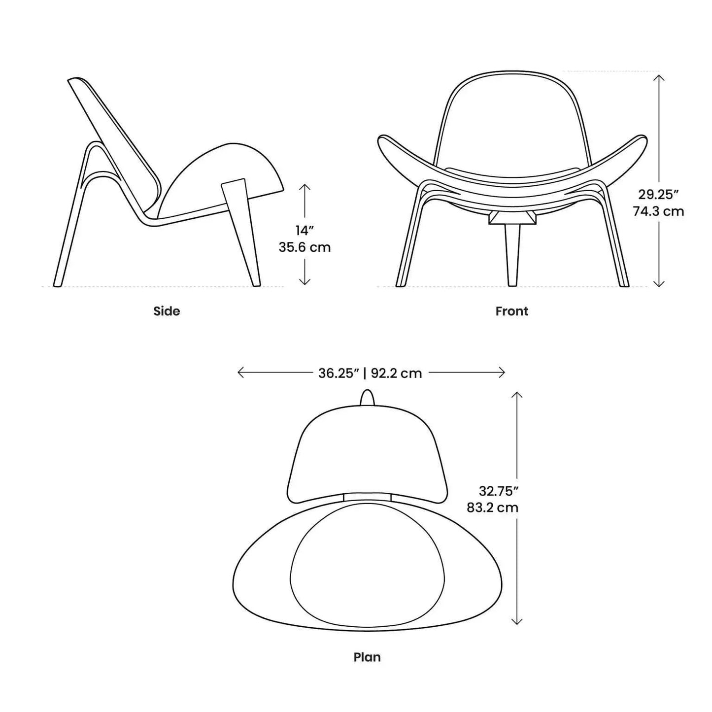 Shell Chair dimensions and design illustration, showcasing ergonomic curves and three-legged stability.