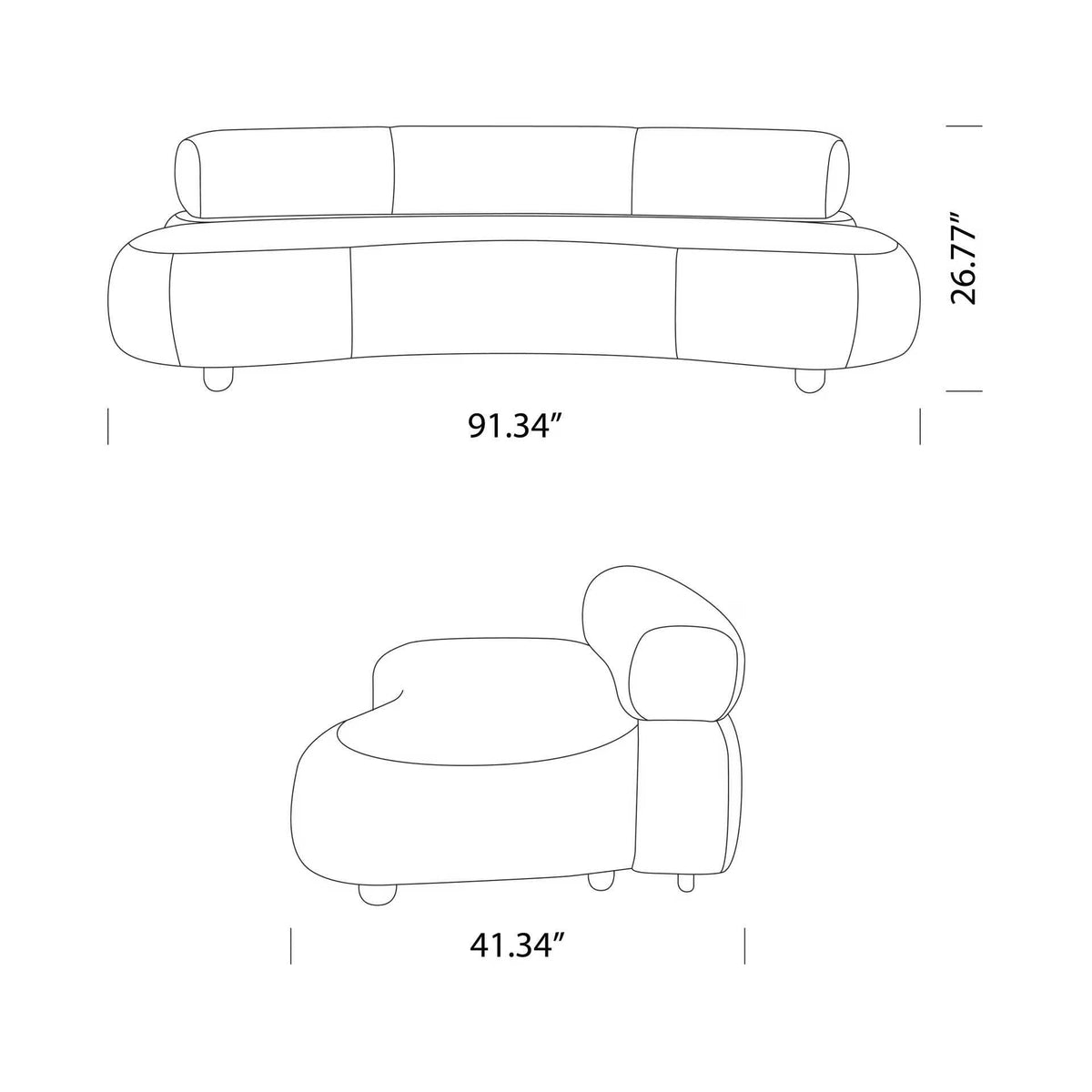 Eclipse Sofa with sculptural curved silhouette and segmented cushioned back, shown in a black-and-white dimension drawing.