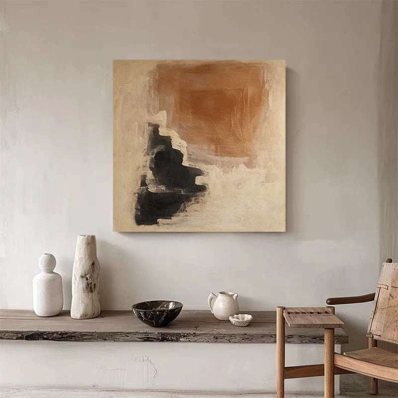 Vintage hand-painted abstract Wabi-Sabi oil painting with textured art on framed canvas for home décor