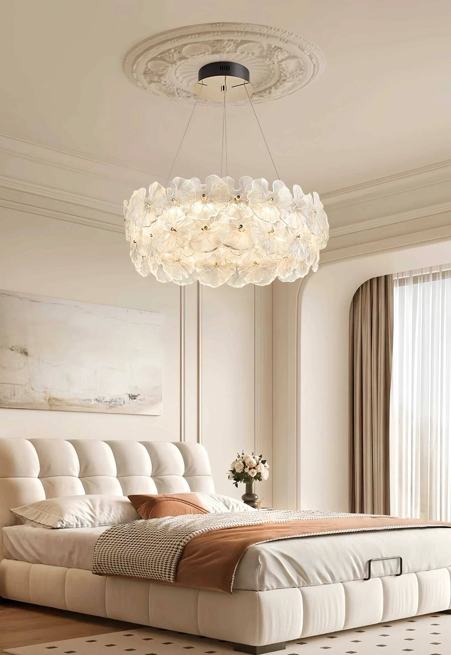French luxury designer ceiling light with layered petal glass shades and adjustable LED lighting