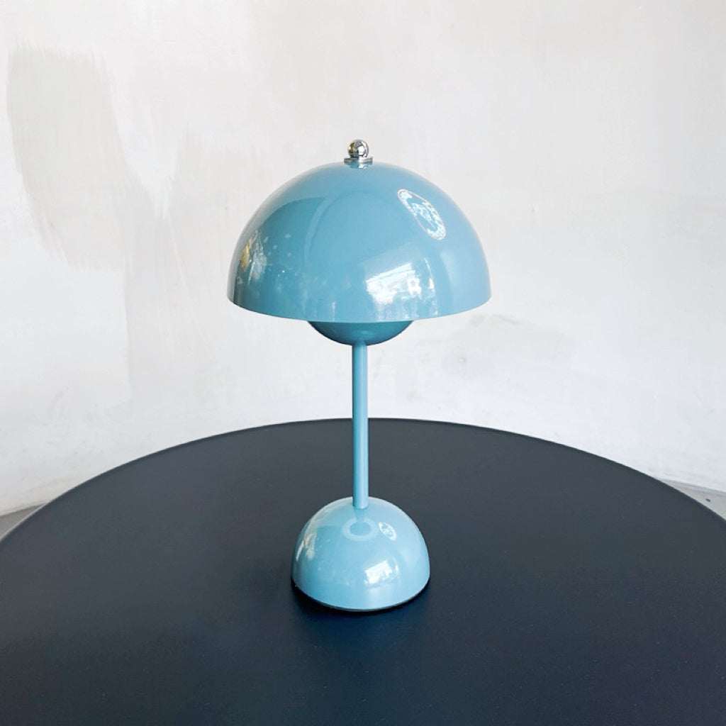 Scandi Table Lamp blue mushroom shaped LED desk lamp with adjustable brightness and vintage design