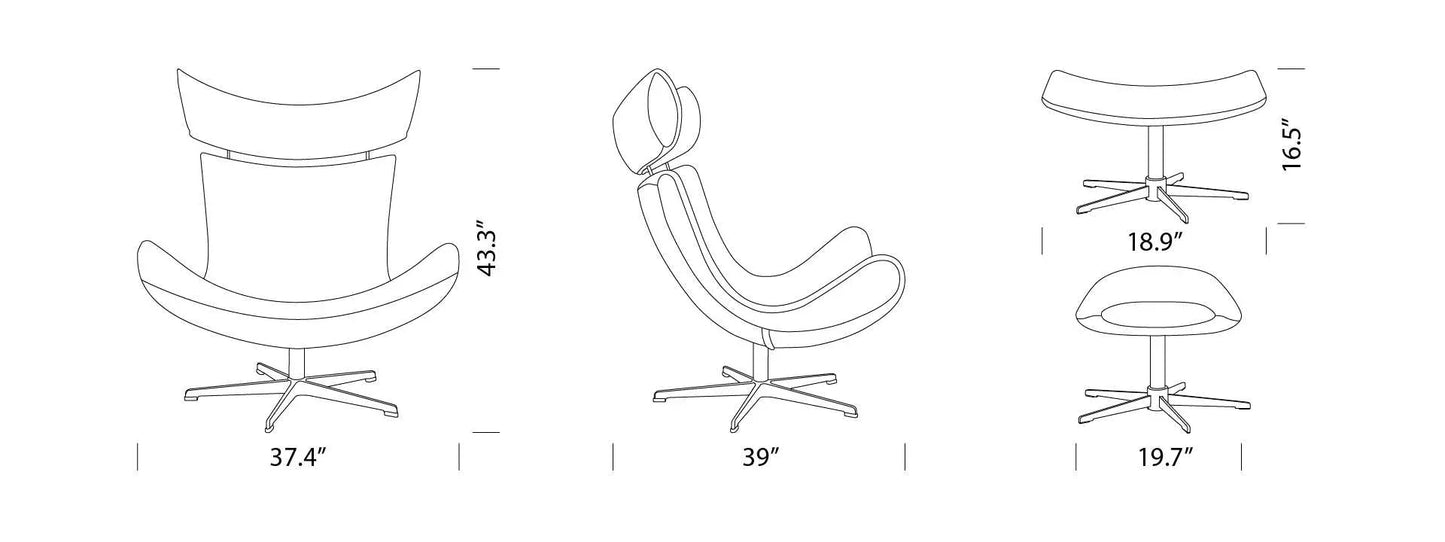 Imola Lounge Chair with footstool in ergonomic Danish design with leather upholstery and chrome legs, dimensions shown.