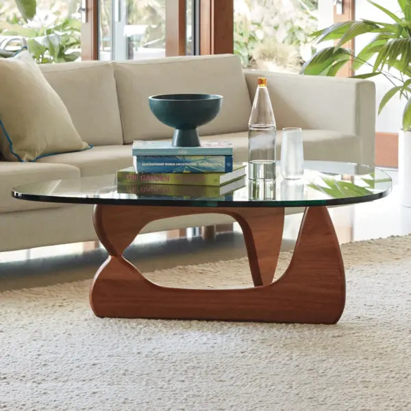Noguchi Table Replica with interlocking wood base and glass top in modern living room - sparkledecor.com