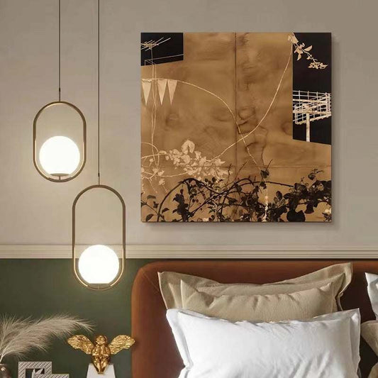 Japanese wall art with minimalist gold and black spray painting on canvas in modern living room decor