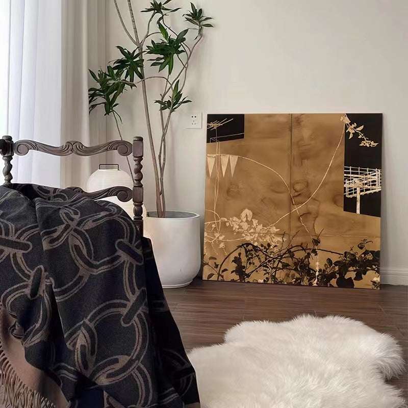 Minimalist Japanese wall art with wood frame and canvas painting in cozy living room setting