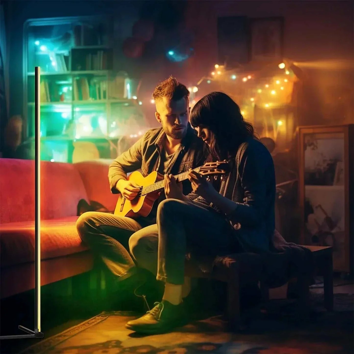 Modern mood lighting with RGB smart LED strip creating cozy atmosphere for music and relaxation