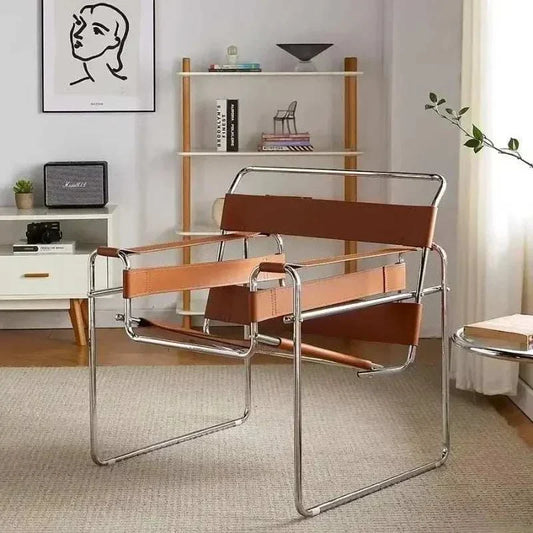Nordic Leisure Chair with industrial metal frame and saddle leather seat in modern living room setting