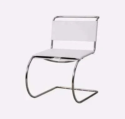 Minimalist stainless steel armless dining chair with modern design and white leather seat and backrest