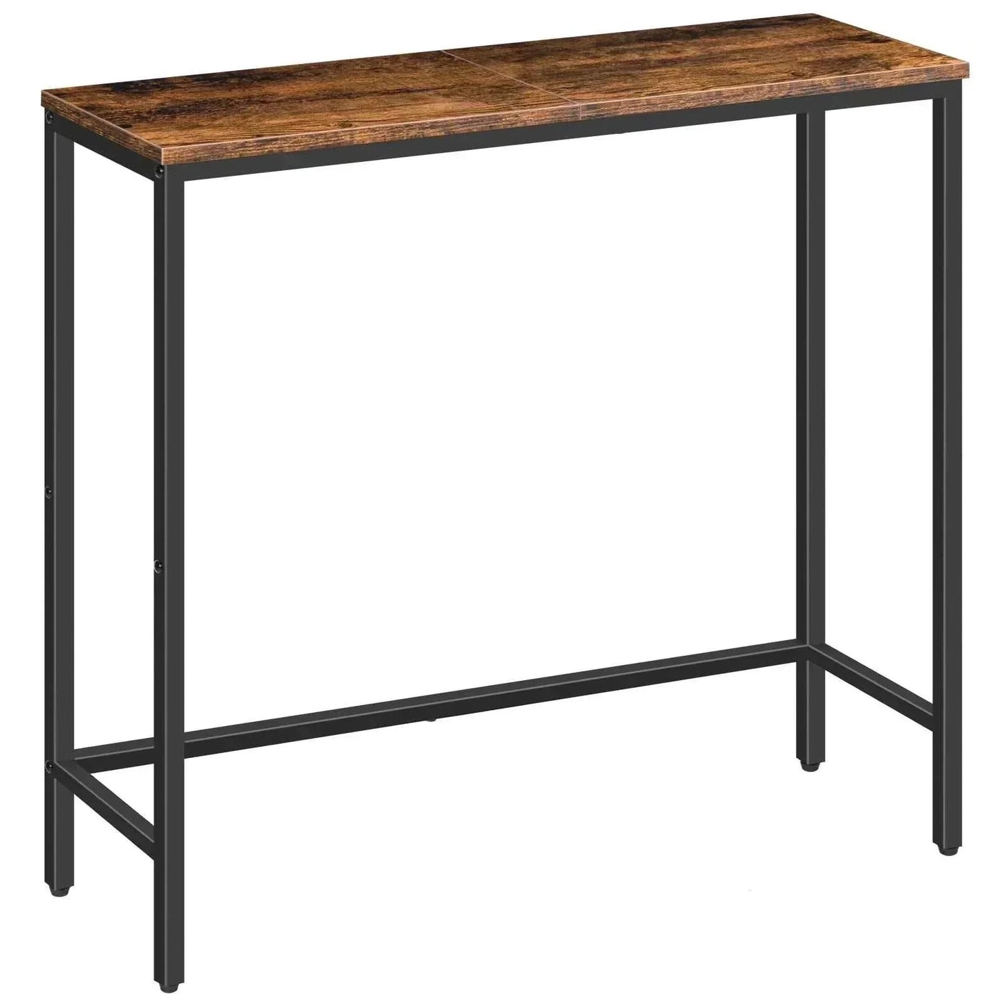 Slim narrow console table with rustic brown chipboard top and black metal frame in retro nostalgia style