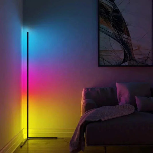 Modern floor lamp with smart RGB mood lighting and music sync effects in living room corner