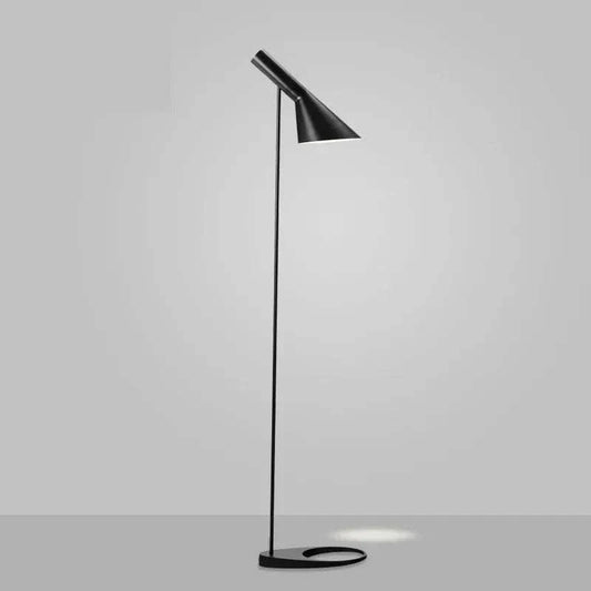 Modern Nordic floor lamp with black metal adjustable stem and tiltable shade for living room lighting