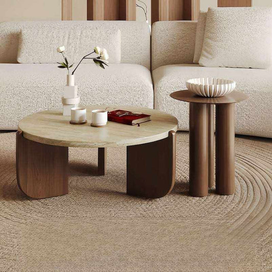 Solid wood natural travertine coffee table with marble top and rubber wood legs in modern living room setting