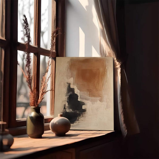 Vintage hand-painted abstract Wabi-Sabi oil painting on textured canvas for sophisticated home décor