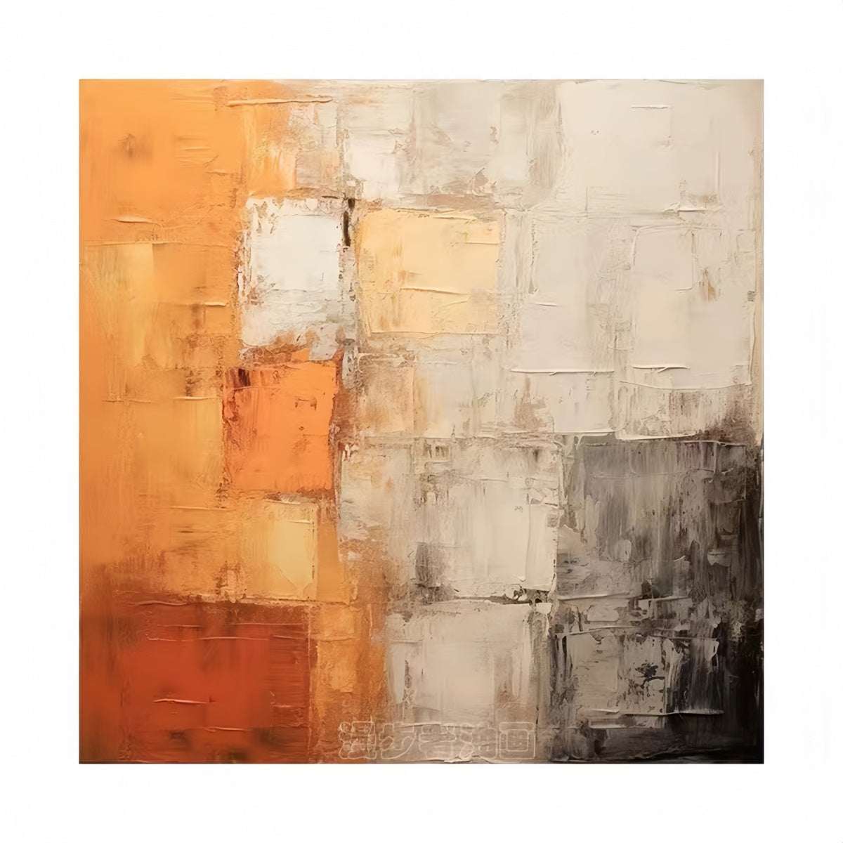 Square hand-painted oil painting on textured cotton-linen canvas with warm abstract design for home decor