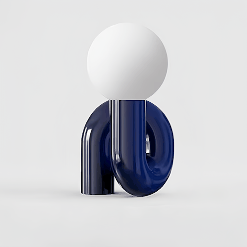 Modern LED table lamp with blue glass and resin curved base and white globe light bulb, energy-efficient bedside lighting