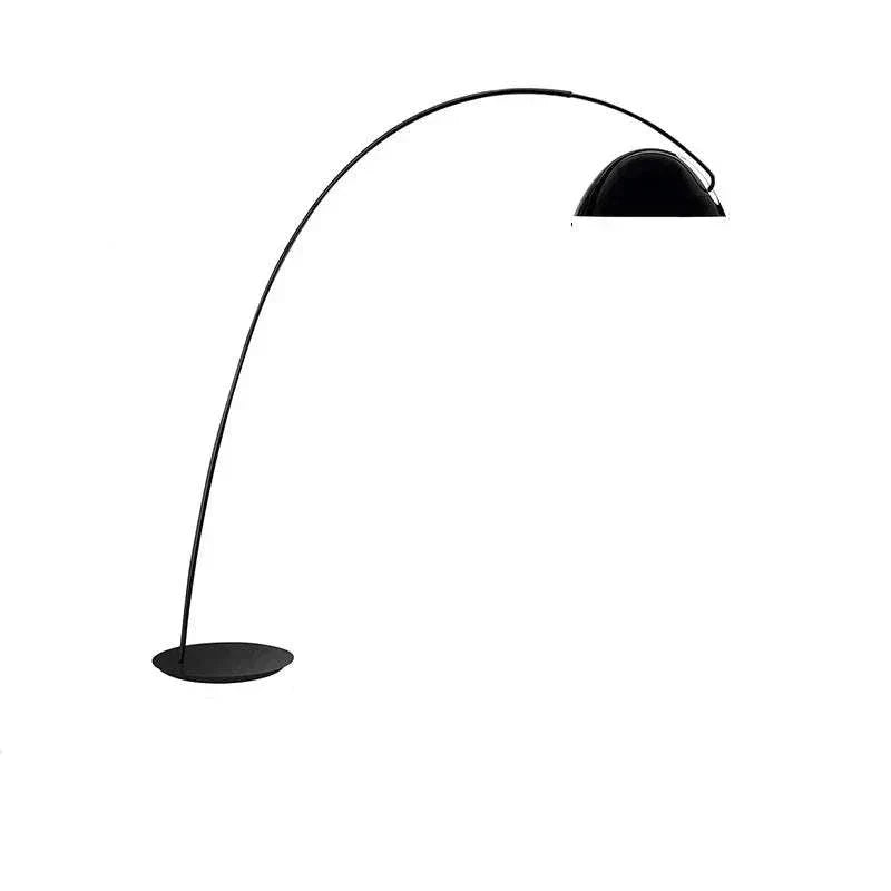 Modern black iron arc floor lamp with curved arm and dome shade, energy-efficient LED lighting, ideal for living rooms or offices