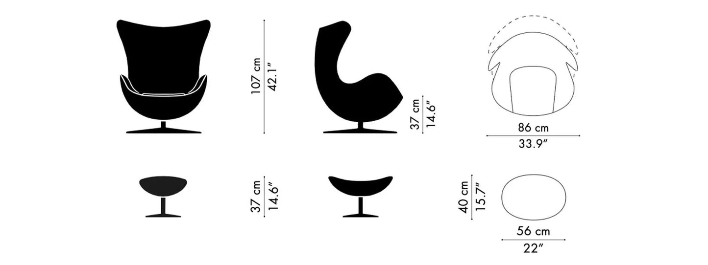 Egg Chair Replica with stool black silhouette dimensions and measurements in cm and inches