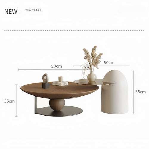 Modern walnut wood coffee table set with dual-height round tabletops and sleek metal bases