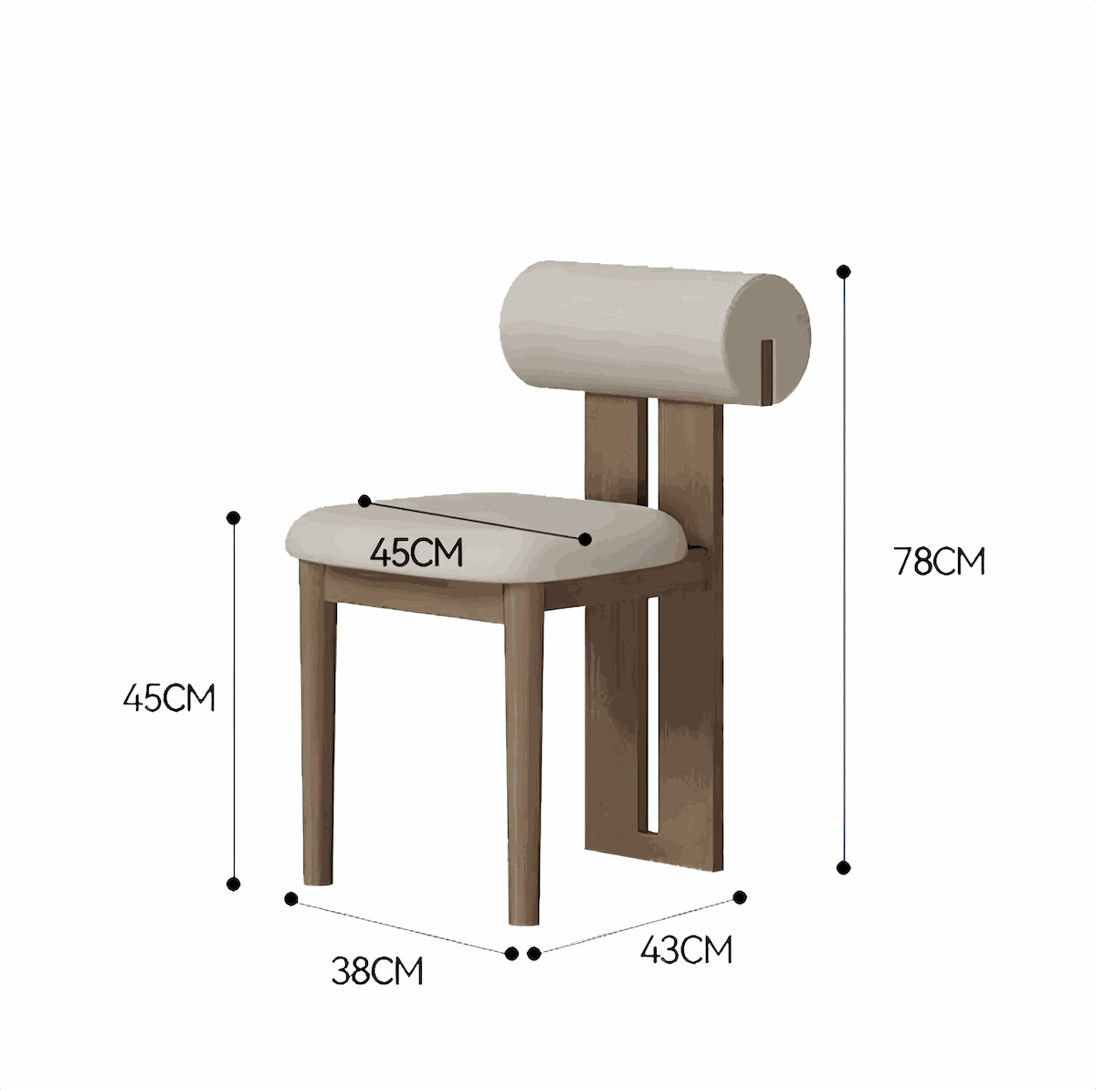 Elegant Nordic dining chair with cushioned seat and backrest, dimensions 78x45x43 cm