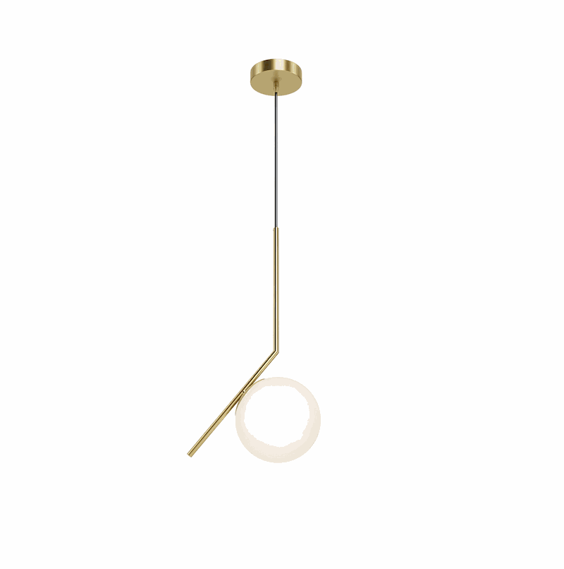 Modern brushed gold pendant light fixture with adjustable hanging length and round white glass shade