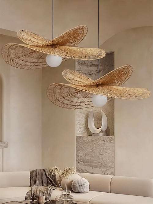 Wabi-Sabi rattan pendant light with hand-woven natural wicker design in modern living room